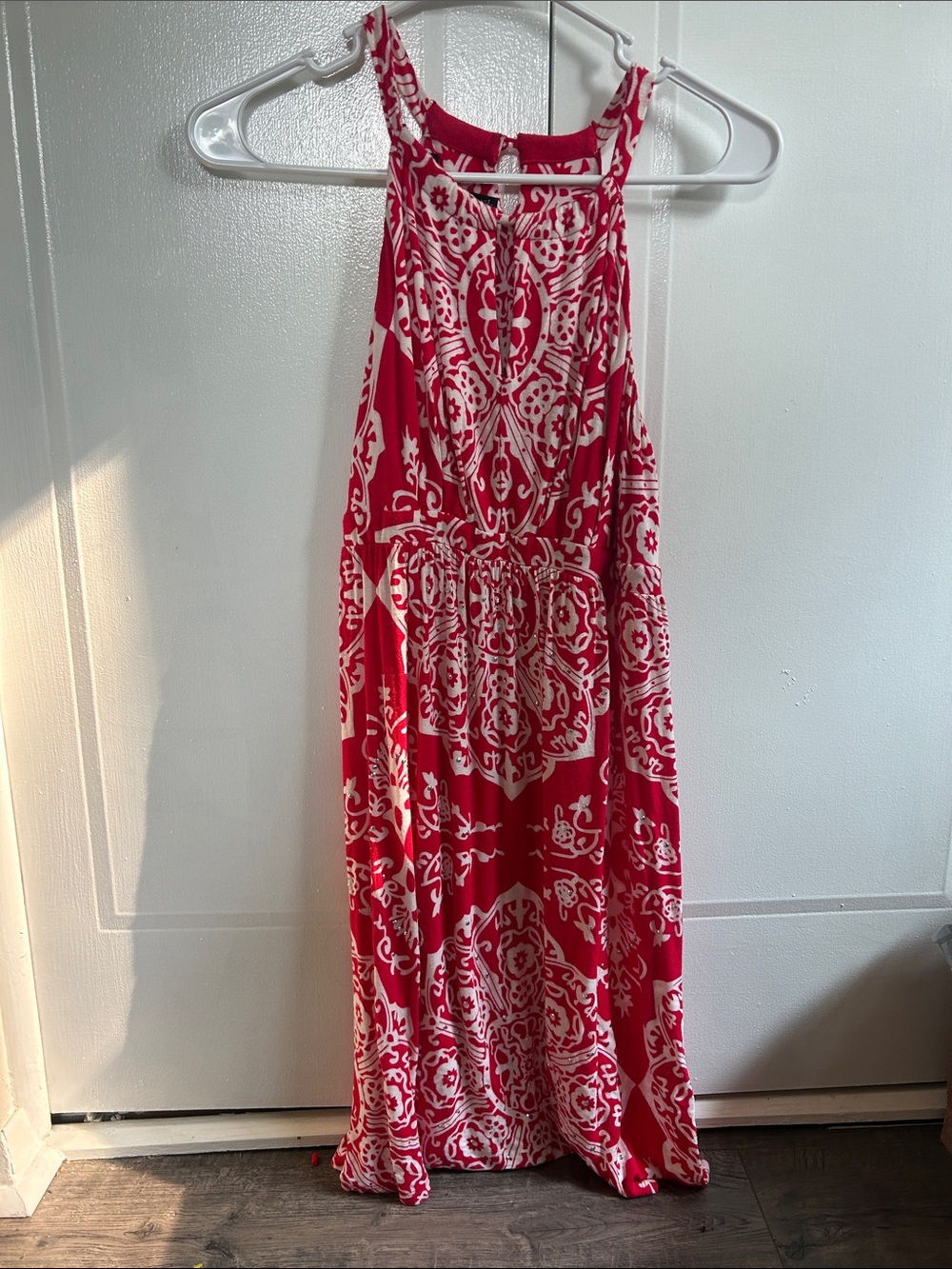 Red and White Printed Halter mid length Dress